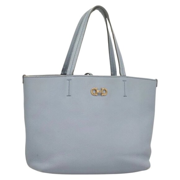 Salvatore Ferragamo Gancini Hand Bag Leather Light Blue Gold Auth 128234 - Picture 1 of 16